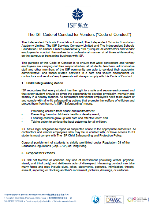The ISF Code of Conduct for Vendors